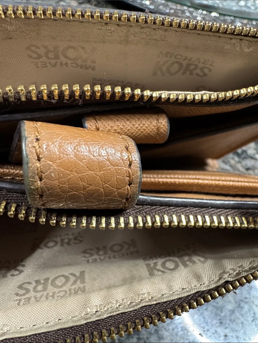 Michael Kors large Brown Signature MK Zip Wristlet with Gold Logo EUC